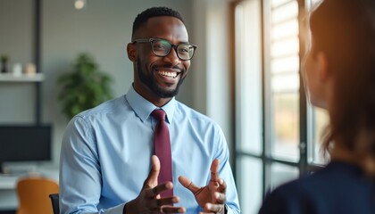 Smiling black man in suit and tie talks with client in office. He gestures with hands, explains policy. Pro business meeting consults about finance or insurance.