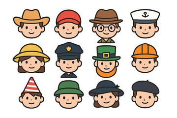 Diverse cartoon avatars wearing various professional and festive hats