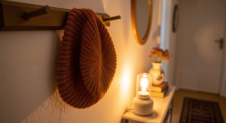 Hat hanging on wooden hook in cozy hallway with warm light  