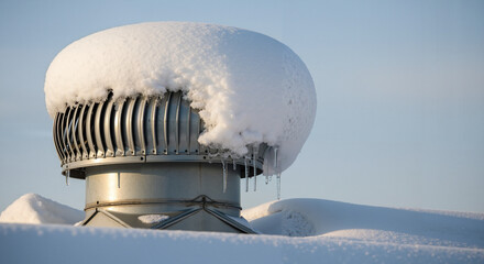 Snow-covered rooftop vent with icicles against a clear sky  