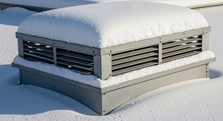Rooftop vent covered in fresh snow during winter season  