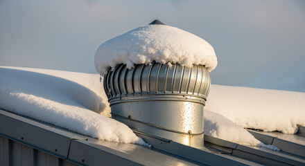 Snow-covered rooftop vent under clear winter sky  