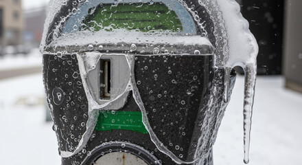 Ice-covered parking meter with icicles in winter setting  