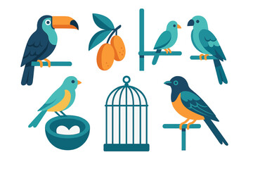 Naklejka premium Tropical bird icons with cage, nest, eggs, and fruit branch elements