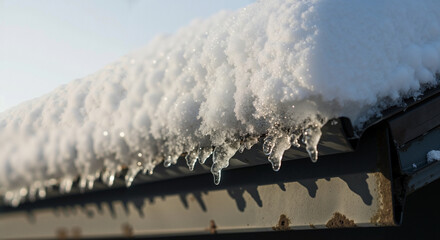 Snow-covered gutter edge with icicles in bright winter sunlight  