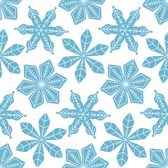 Seamless winter snowflake pattern in blue and white, modern geometric design for Christmas wrapping paper, holiday backgrounds, textiles, greeting cards, and festive digital or print decoration