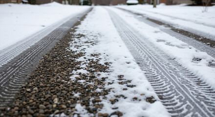 Snow-covered gravel driveway with tire tracks in winter  