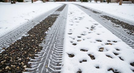 Snow-covered gravel driveway with tire tracks and footprints  