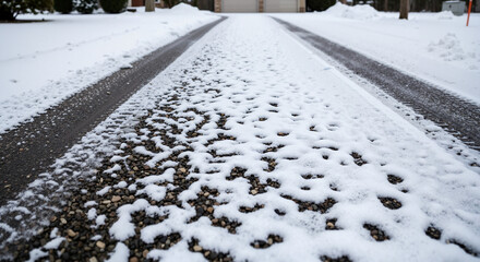 Snow covering gravel driveway with tire tracks in winter landscape  