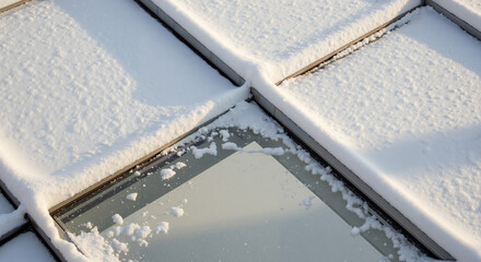 Snow covering skylight frame on rooftop during winter morning  