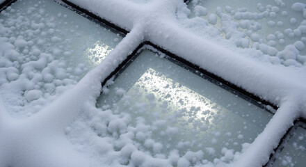 Snow covered skylight with frosted glass panels during winter  