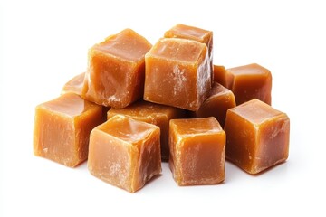 Homemade salted caramel pieces isolated on white background. Golden Butterscotch toffee candy caramels macro.