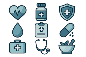 Set of medical and healthcare icons featuring heart, pharmacy, and first aid symbols