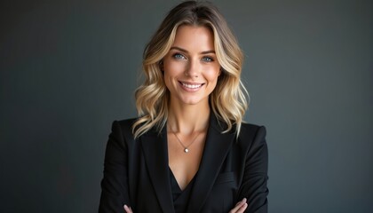 Blonde business woman smiles confidently in black suit. Pro female portrait in studio against gray backdrop. She has blue eyes and curly hair.