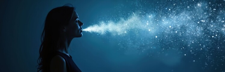Obraz premium Woman silhouette exhales glowing light particles into dark blue space. Sparkling dust stream creates mystical atmosphere, dream, imagination, wonder. Abstract photo shows creation, inspiration,