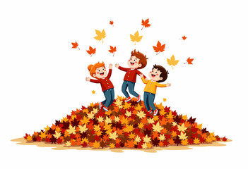 Fototapeta premium Children joyfully playing in a vibrant pile of autumn leaves, expressing delight and freedom amidst the colorful seasonal foliage in a playful outdoor scene