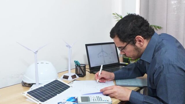 Focused Engineer Drawing the Final Details of a Turbine Design.