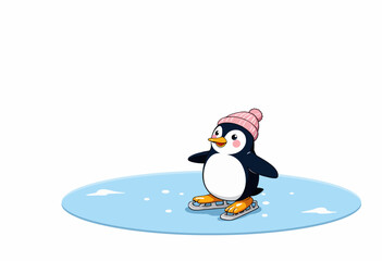 Obraz premium Adorable Penguin Skating on Ice with Cozy Winter Hat Showcasing Joyful Winter Adventures in a Whimsical Cartoon Illustration