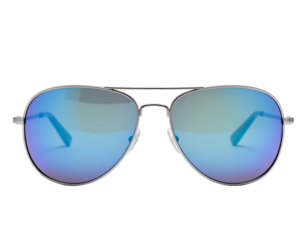 Silver-toned aviator sunglasses with blue mirrored lenses