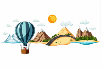 Naklejka premium A Vibrant Hot Air Balloon Adventure Over Diverse Landscapes Including Mountains, Forests, and Roads Under a Bright Sunlit Sky