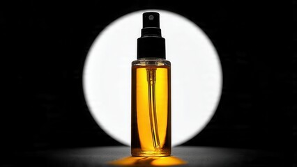 A transparent bottle filled with amber liquid, lit from behind against a dark backdrop
