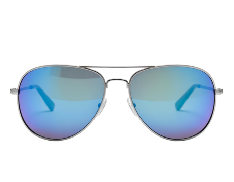 Silver-toned aviator sunglasses with blue mirrored lenses