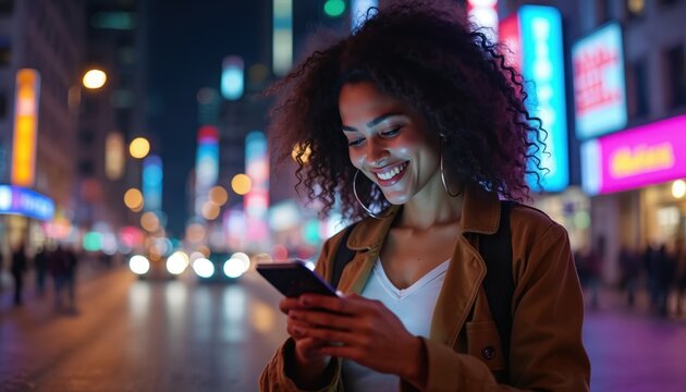 Smiling young woman uses smartphone on a city street at night. She looks happy illuminated by neon lights. The urban scene features people and buildings in the background.