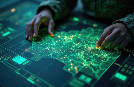 Soldier uses interactive digital map for strategic analysis. Illustration detailed terrain visualization including infrastructure, key locations. Military personnel explore tactical planning for