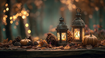 Rustic lanterns and pumpkins adorned with autumn leaves and pinecones fall harvest