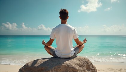 Young man meditates seated on rock by sea water. He practices yoga pose for relaxation and inner peace. Turquoise ocean waves lap sandy shore under blue sky.