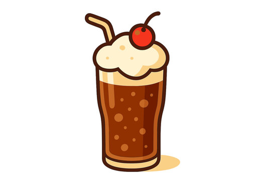 Classic root beer float dessert served in tall glass with cherry topping