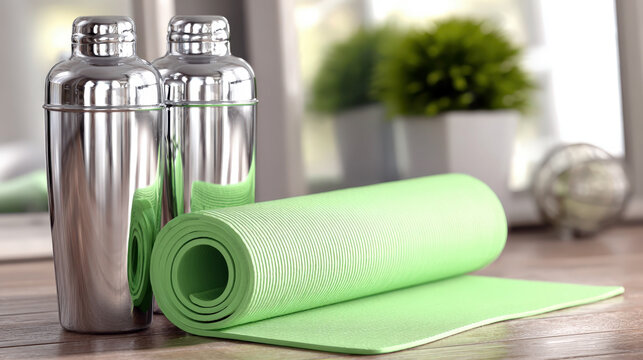 Minimal home gym zone with morning sunlight highlighting yoga mat and water bottles in bright room