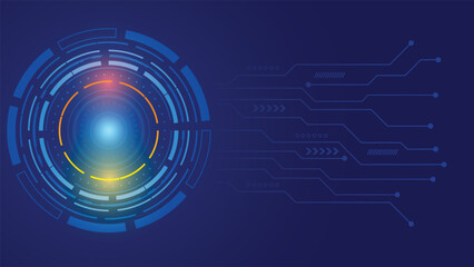 Obraz premium Futuristic technology background with glowing blue circular interface and digital lines, perfect for innovation, AI, data, and modern technology concepts.