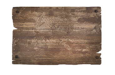 Wooden rustic sign nailed with nails on a white isolated background