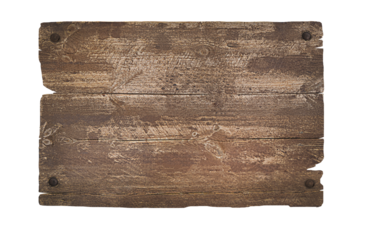 Wooden rustic sign nailed with nails on a white isolated background