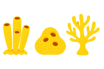 Collection of yellow sea sponges and coral shapes isolated on white background