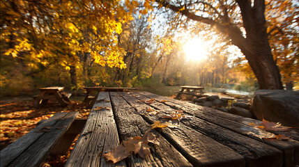 Rustic wooden picnic table with fallen autumn leaves bathed in golden sunlight weathered