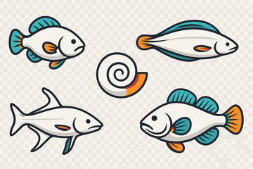 Naklejka premium Stylized aquatic life icons including fish and spiral seashell shapes