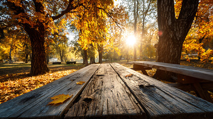 Rustic wooden picnic table in golden autumn park weathered