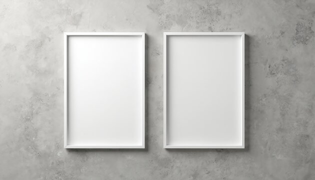 Two empty white frames hang on a textured grey wall. These blank rectangles are perfect for displaying art, photos, or graphics. Use for interior design or advertising mockups.