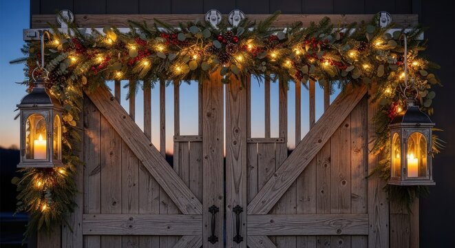 Rustic barn doors adorned with christmas garland and lanterns at twilight hour