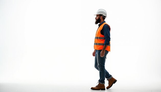 Bearded man walks right. Wears white hard hat, orange safety vest, blue shirt, jeans, work boots. Worker full body, side view on white background. Pro construction worker, engineer, foreman at job