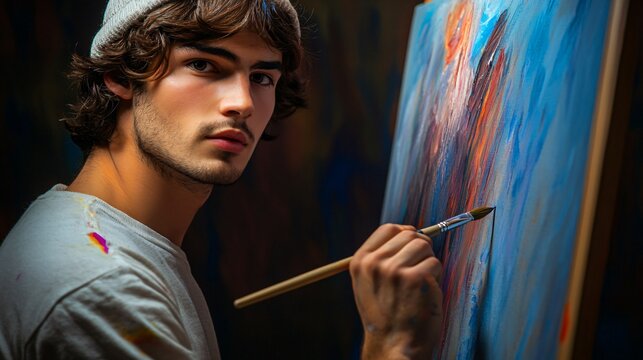 Talented young painter creating masterpiece on canvas