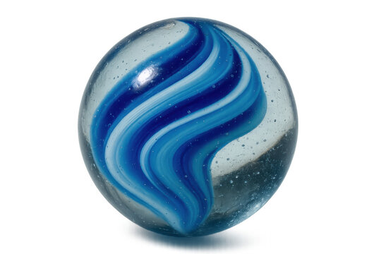 Glass marble with blue and white swirl pattern, transparent toy sphere on clean background, childhood game concept