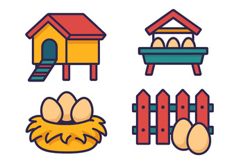 Set of stylized farm poultry icons including coop nest and fence elements