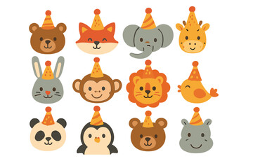 Fototapeta premium Cute cartoon animal faces wearing festive party hats for celebration
