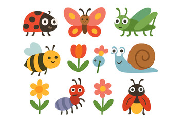 Obraz premium Charming collection of smiling garden insects and blooming flowers