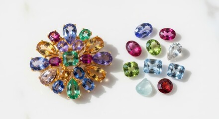 Colorful gemstone brooch and loose gemstones on white surface