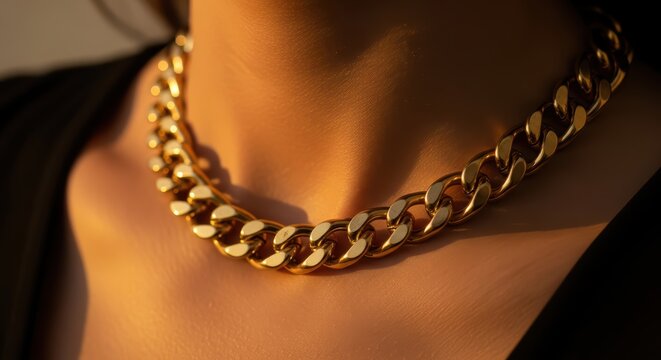Close up of gold chain necklace on person's neck in soft lighting