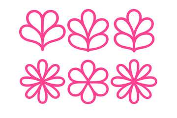 Stylized pink floral outline icons and simple flower shapes collection